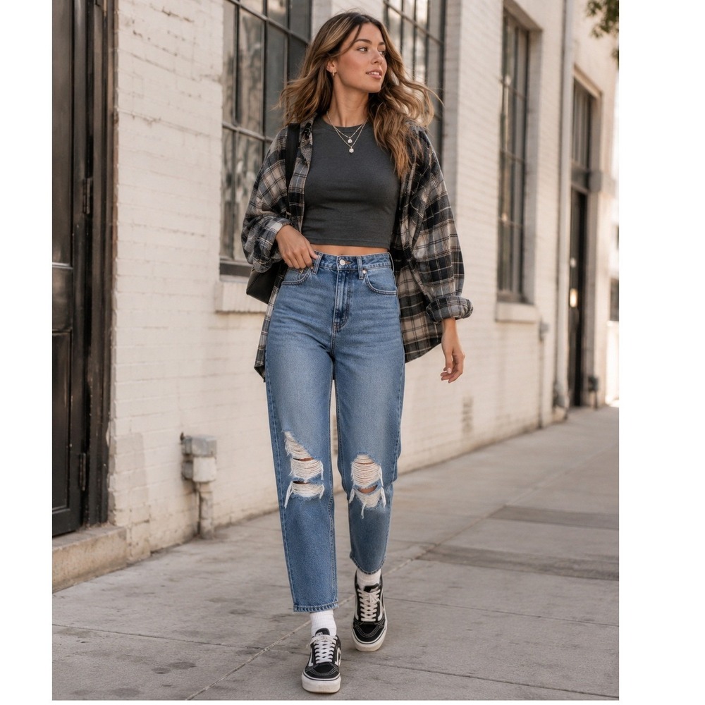 Hollister Ultra High-Rise Mom Jeans Distressed Medium Wash Blue 9R W29‎ L27